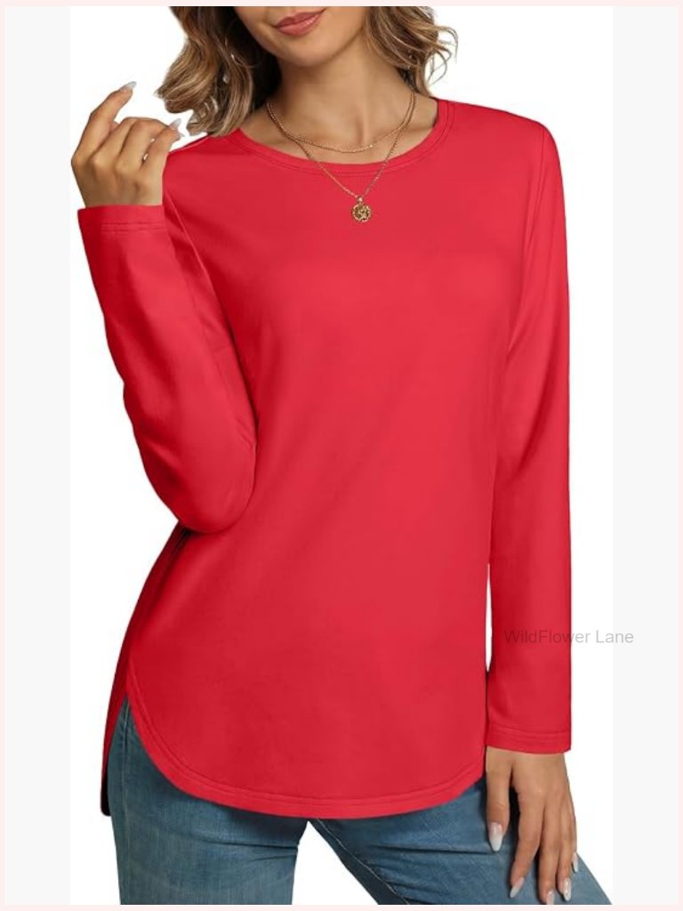 Long Sleeve Tunic Tops For Women Crewneck Side Split Casual Blouse